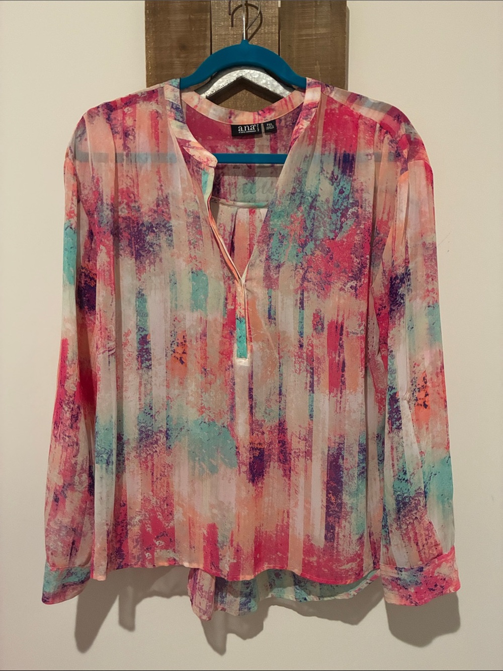 a.n.a Sheer Multicolored Abstract Print Blouse - Pink/Teal/Coral